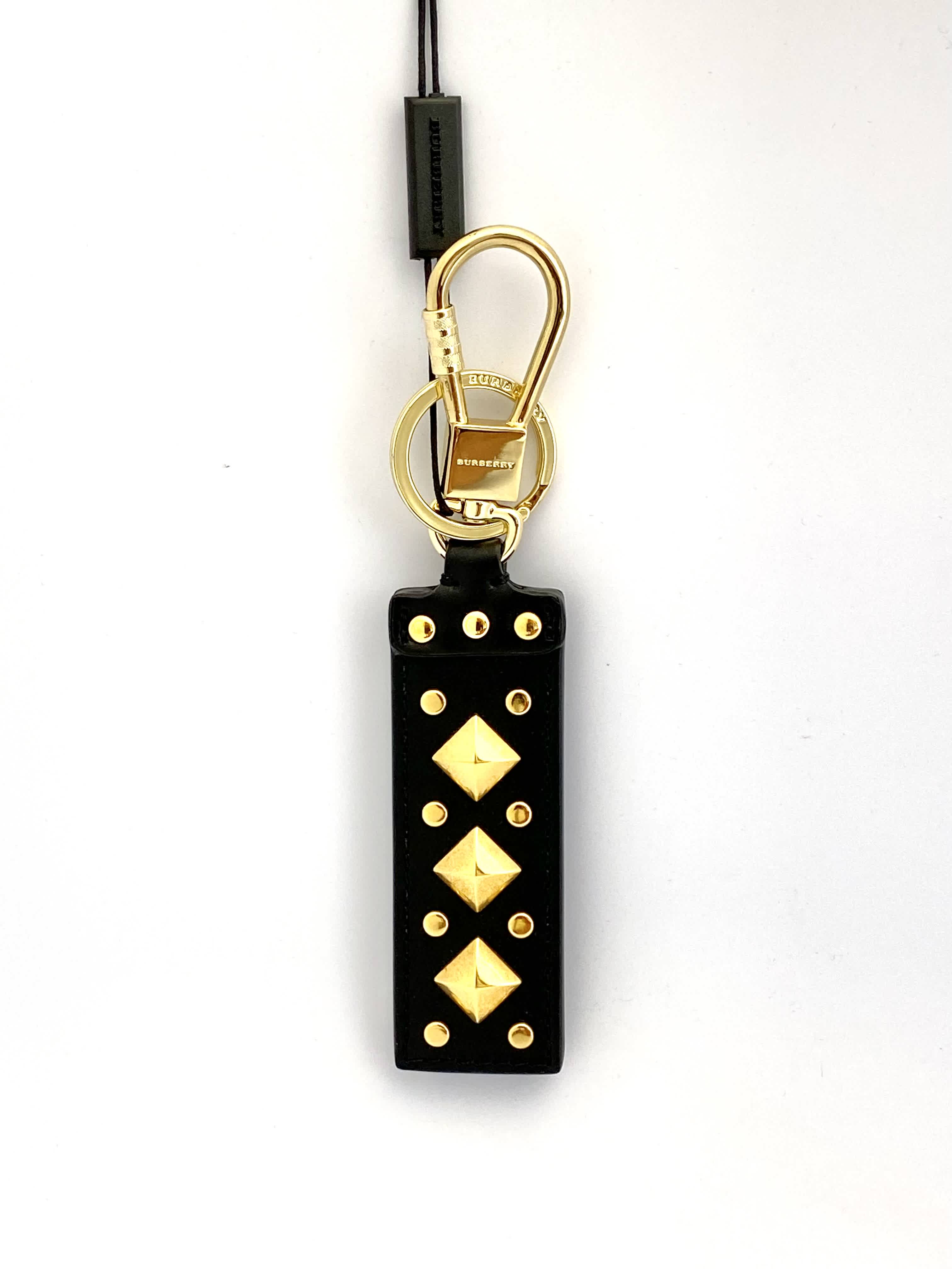 Burberry Studded Leather Key Ring In Black,gold Tone