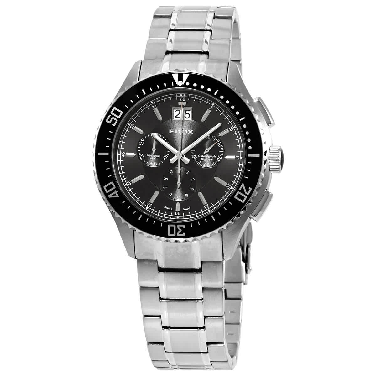 Edox Chronograph Black Dial Stainless Steel Mens Watch 10026-3m-nin In Black,silver Tone