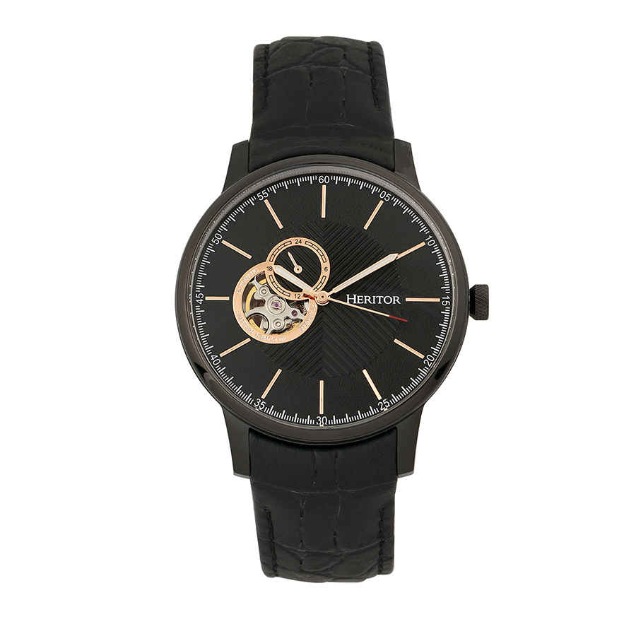 Heritor Landon Black Dial Black Leather Mens Watch Hr7706 In Black,gold Tone,pink,rose Gold Tone