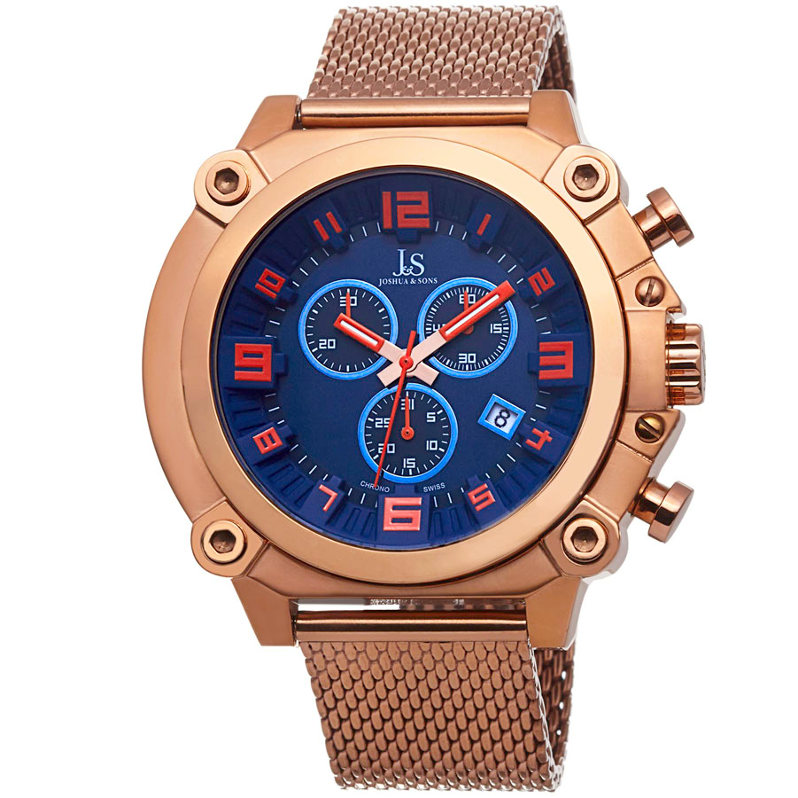 JOSHUA AND SONS JOSHUA & SONS CHRONOGRAPH BLUE DIAL ROSE GOLD-TONE MENS WATCH JS58RG