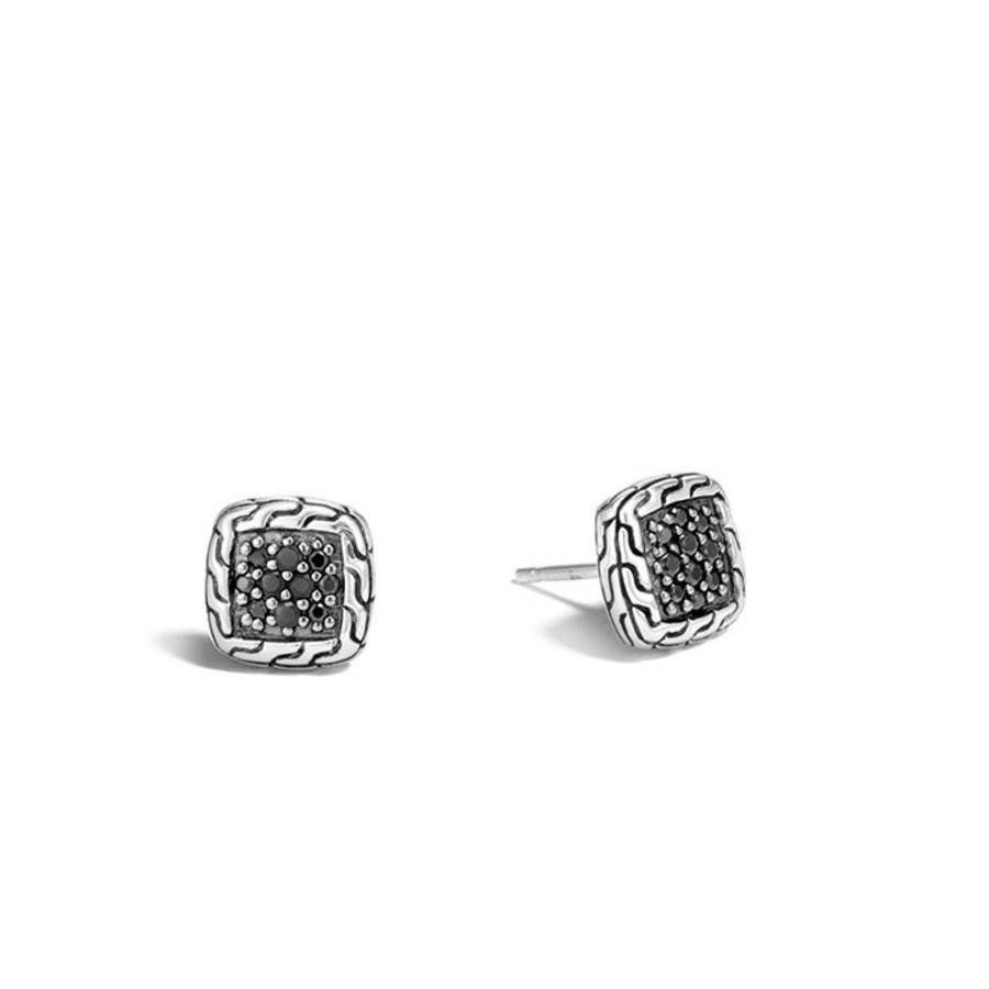 John Hardy Classic Chain 9.5 Mm Silver Square Stud Earrings With Black Sapphire In Silver-tone