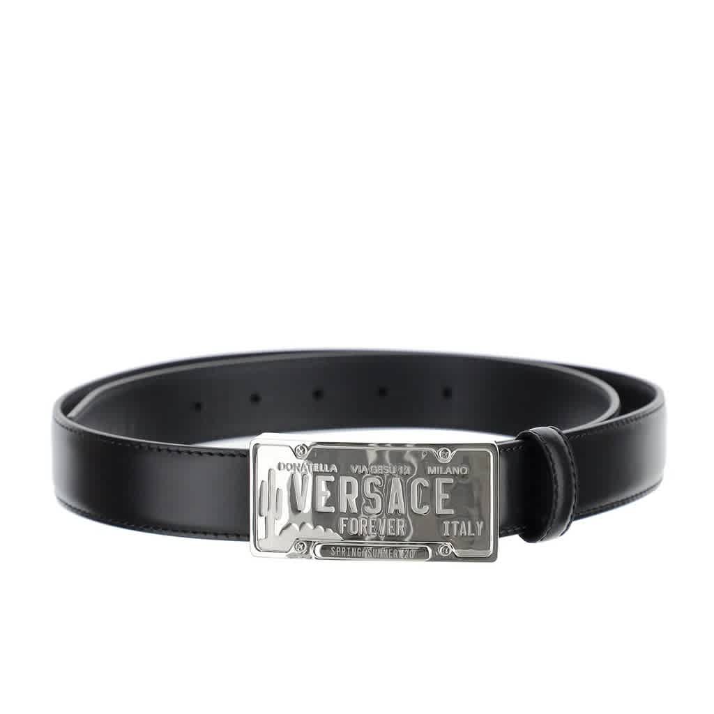 Versace License Plate Logo Buckle Belt In Black