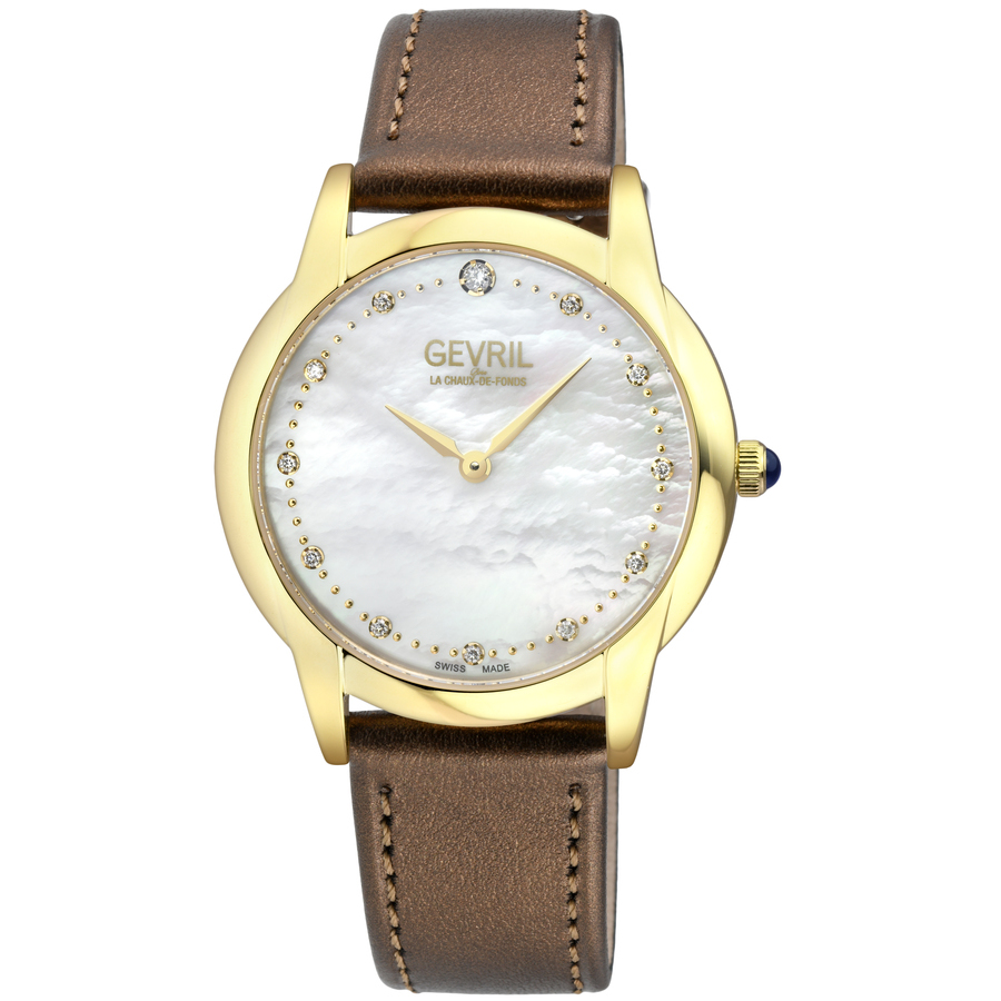 Gevril Airolo Diamond Mother Of Pearl Dial Ladies Watch 13021 In Blue / Brown / Gold Tone / Mop / Mother Of Pearl / Yellow