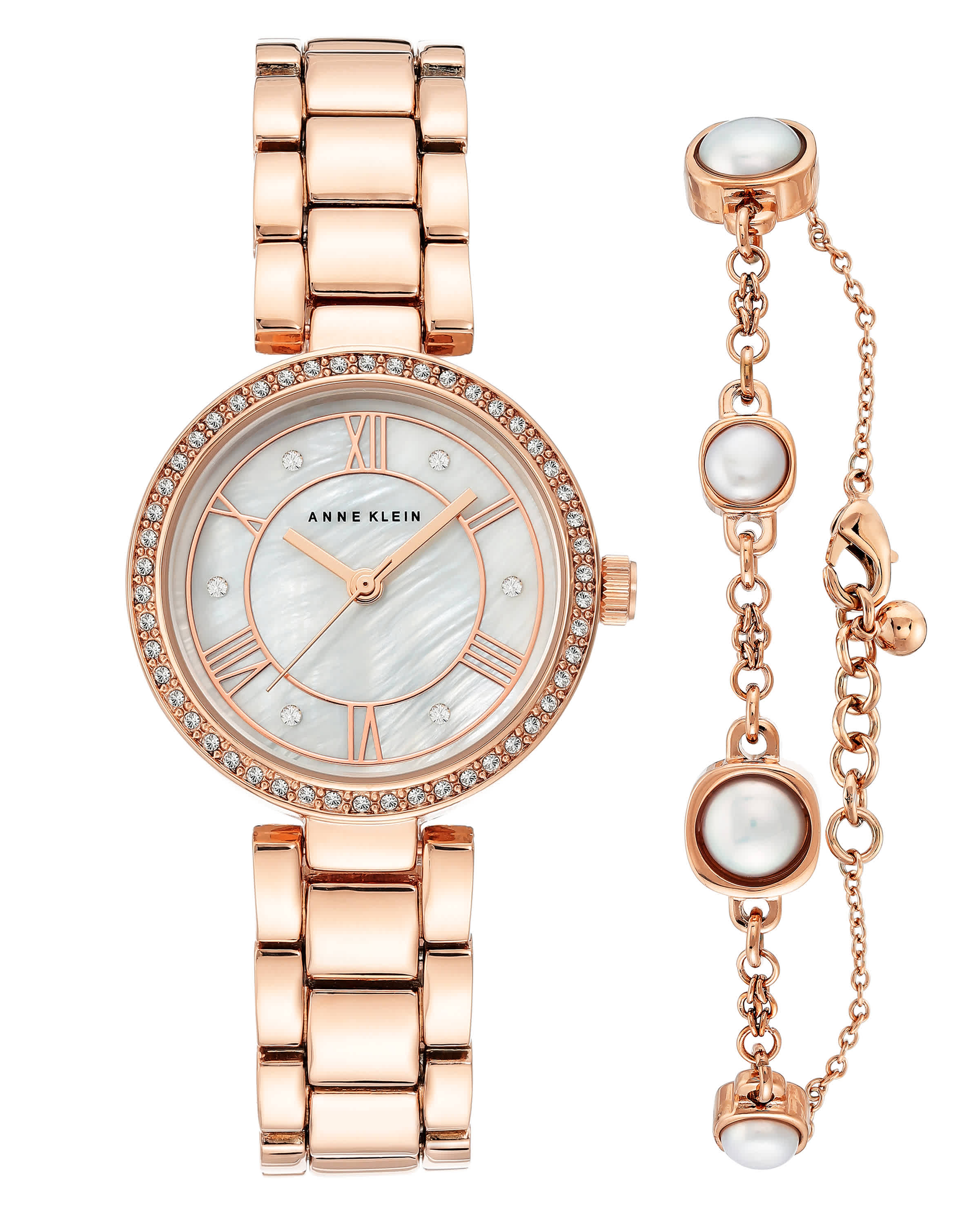 Anne Klein Ladies Swarovski Crystal Accented Rose Gold-tone Watch And Bracelet Set Ak/3748rgst In Gold Tone,mother Of Pearl,pink,rose Gold Tone