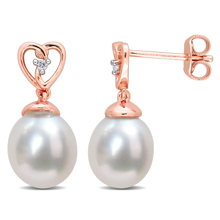 Amour 8-9mm South Sea Cultured Freshwater Pearl And White Topaz Drop Earrings In Rose Plated Sterling Silv In Pink