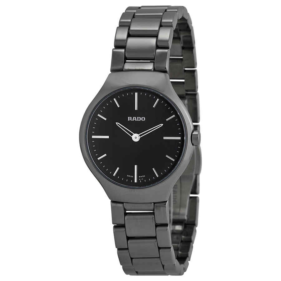 Rado True Thinline Black Dial Gunmetal Ceramic Ladies Watch R27956152 In Black / Platinum / Skeleton