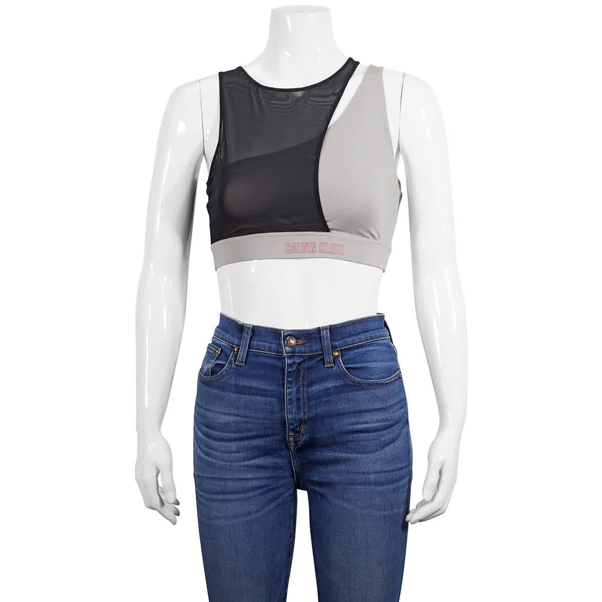 Shop Calvin Klein Ladies Colorblock Mesh Sports Bra In Beige