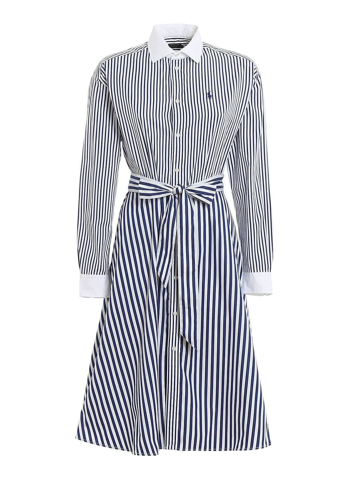 POLO RALPH LAUREN BLUE BELTED STRIPED SHIRT DRESS