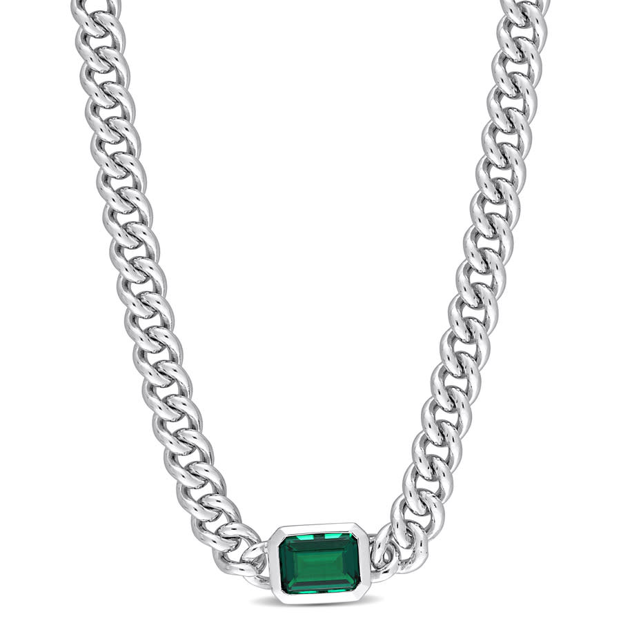 AMOUR 7/8 CT TGW Octagon Created Emerald Curb Link Chain Necklace In Sterling Silver