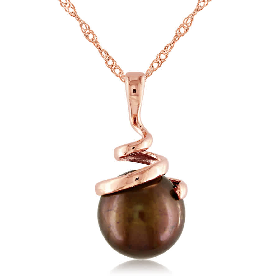 Amour 8 - 8.5 Mm Dyed Brown Freshwater Cultured Pear Spiral Pendant With Chain In 14k Rose Gold In Pink