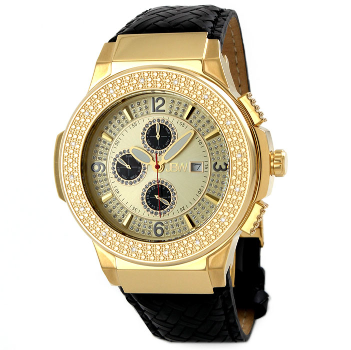 Jbw Saxon Gold Dial Diamond Gold-tone Black Leather Watch Mens Watch Jb-6101l-d In Black,gold Tone,white