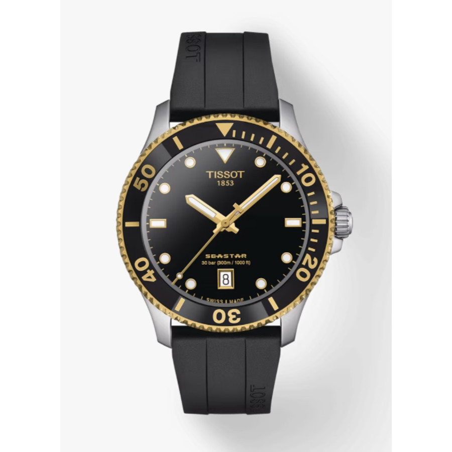 Tissot Men's Swiss Seastar 1000 Black Rubber Strap Watch 40mm In Black / Gold Tone / Yellow