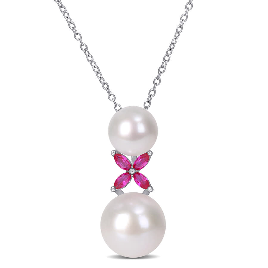 Amour Cultured Freshwater Pearl And Created Ruby Cross Pendant With Chain In Sterling Silver In White