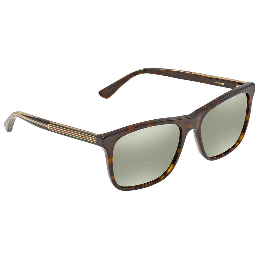 GUCCI GREEN SILVER MIRROR RECTANGULAR MENS SUNGLASSES GG0381S 008 57
