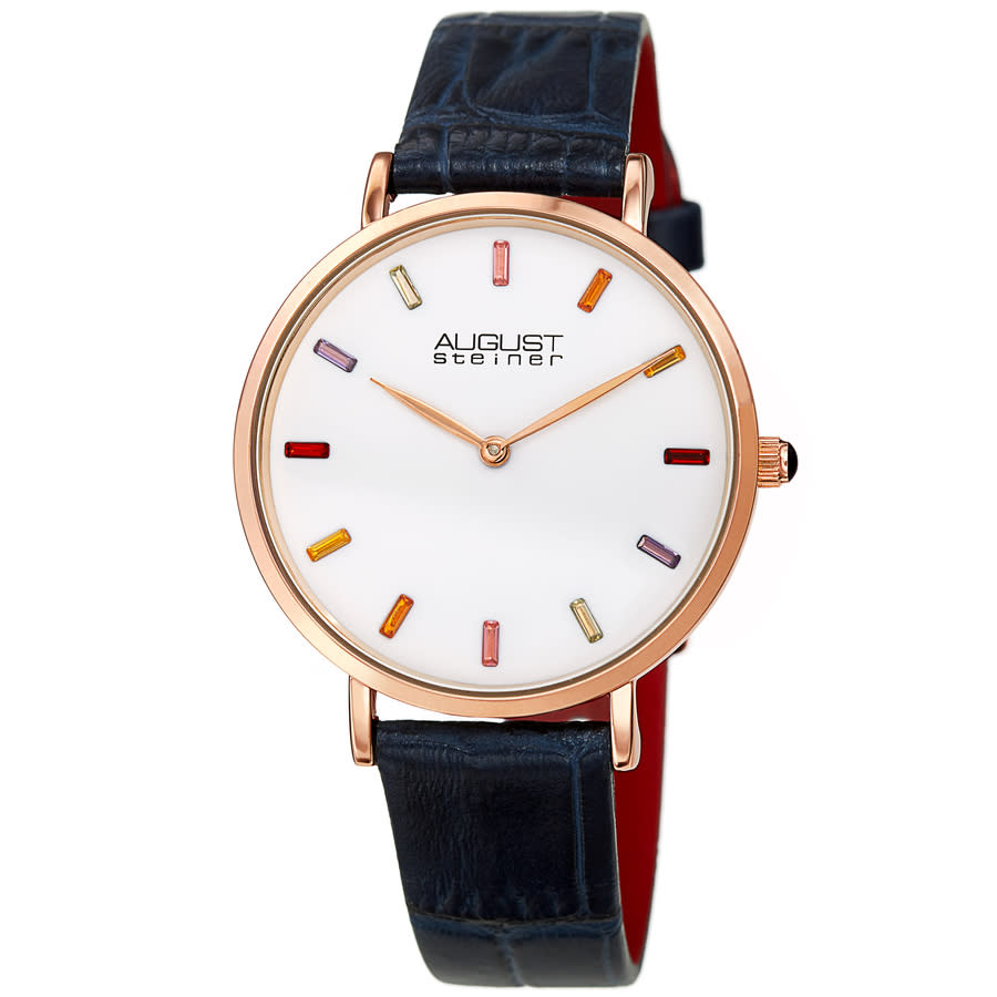 August Steiner Quartz White Dial Blue Leather Ladies Watch As8287bu In Blue / Gold Tone / Rose / Rose Gold Tone / White