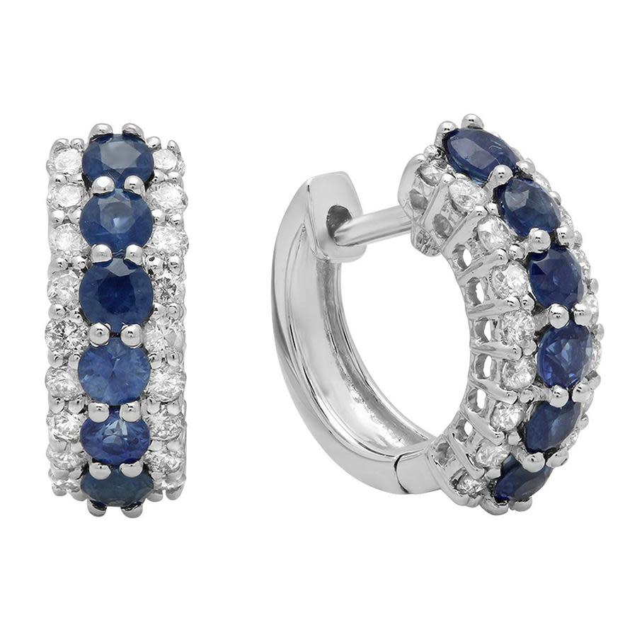 Dazzling Rock Dazzlingrock Collection 10k Round Blue Sapphire & White Diamond Ladies Huggies Hoop Earrings In Blue,gold Tone,white