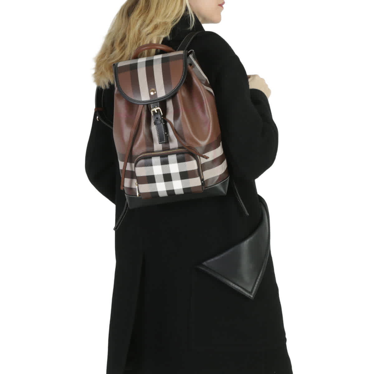 Check and Leather Backpack in Dark Birch Brown - Women