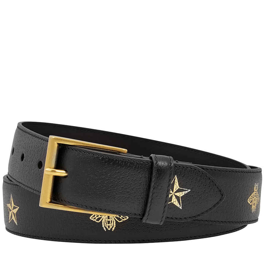 Gucci Mens Bees And Stars Belt In Black,gold Tone