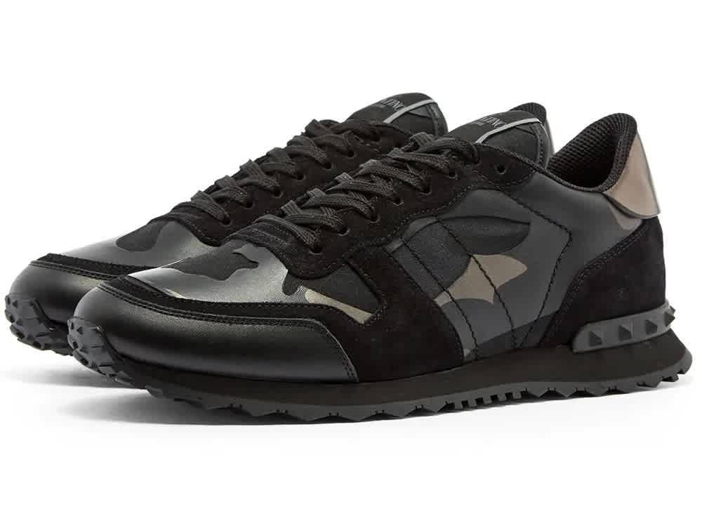 Valentino Rockrunner Metallic Camouflage-print Sneakers In Black