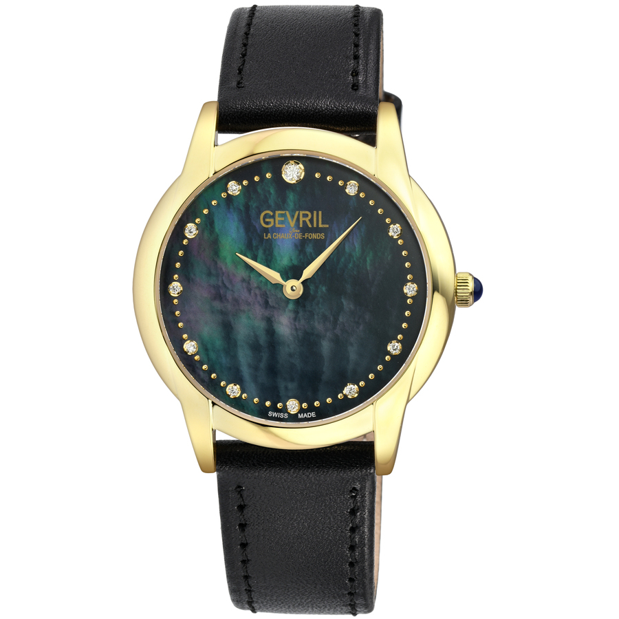 Gevril Airolo Diamond Mother Of Pearl Dial Ladies Watch 13027 In Black / Blue / Gold Tone / Mop / Mother Of Pearl / Yellow