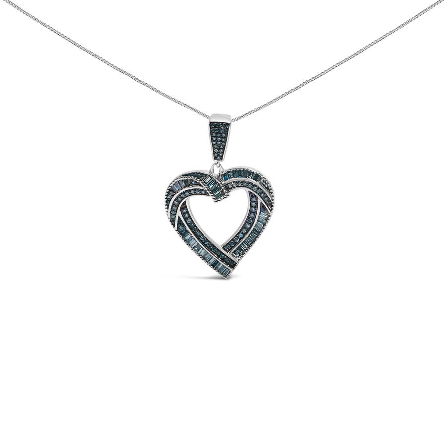 Haus of Brilliance .925 Sterling Silver 1.00 Cttw Baguette and Round Blue Diamond Open Heart Pendant Necklace