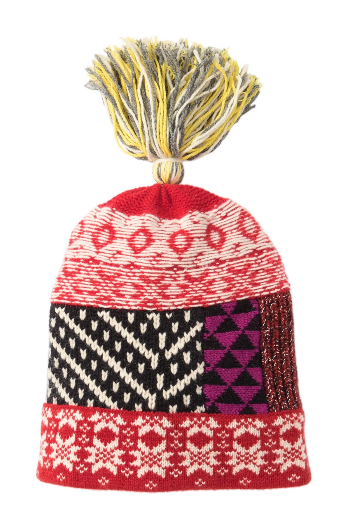 Burberry Ladies Military Red Mixed Knit Tassel Wool Blend Pompom Beanie