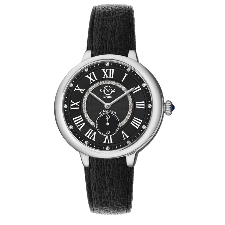 Gv2 By Gevril Rome Vegan Quartz Diamond Black Dial Ladies Watch 12207-v1 In Black,silver Tone