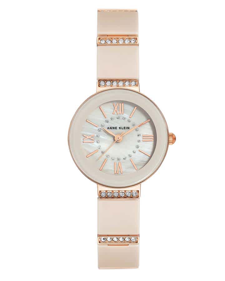 Anne Klein Tan Mother Of Pearl Dial Ladies Watch 3340tnrg In Brown,gold Tone,mother Of Pearl,pink,rose Gold Tone