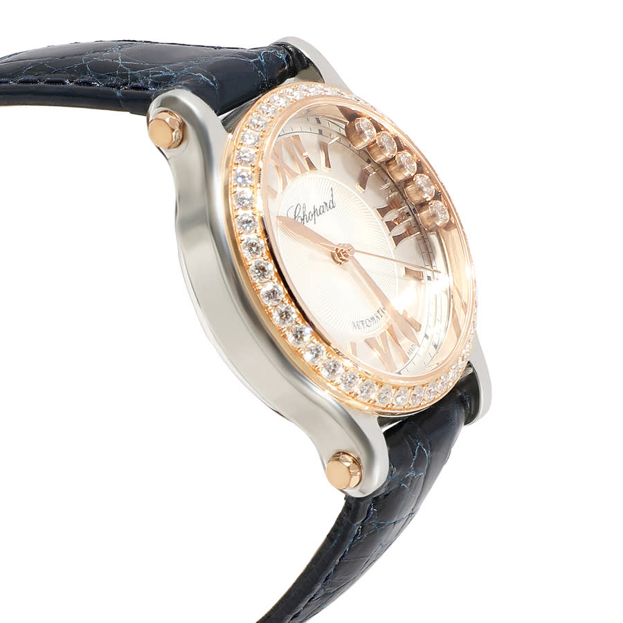 Shop Chopard Happy Sport Automatic Diamond Silver Dial Ladies Watch 278608-6003 In Blue / Gold Tone / Rose / Rose Gold Tone / Silver