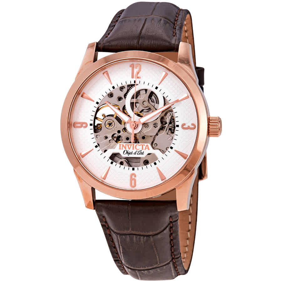 Invicta Objet D Art Automatic White Skeleton Dial Mens Watch 22637 In Brown / Gold Tone / Rose / Rose Gold Tone / Skeleton / White