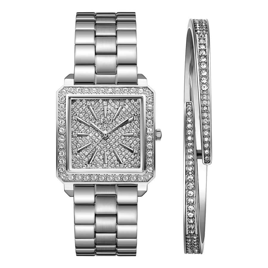 Jbw Cristal Diamond Bracelet Watch & Bangle Set, 28mm In Silver