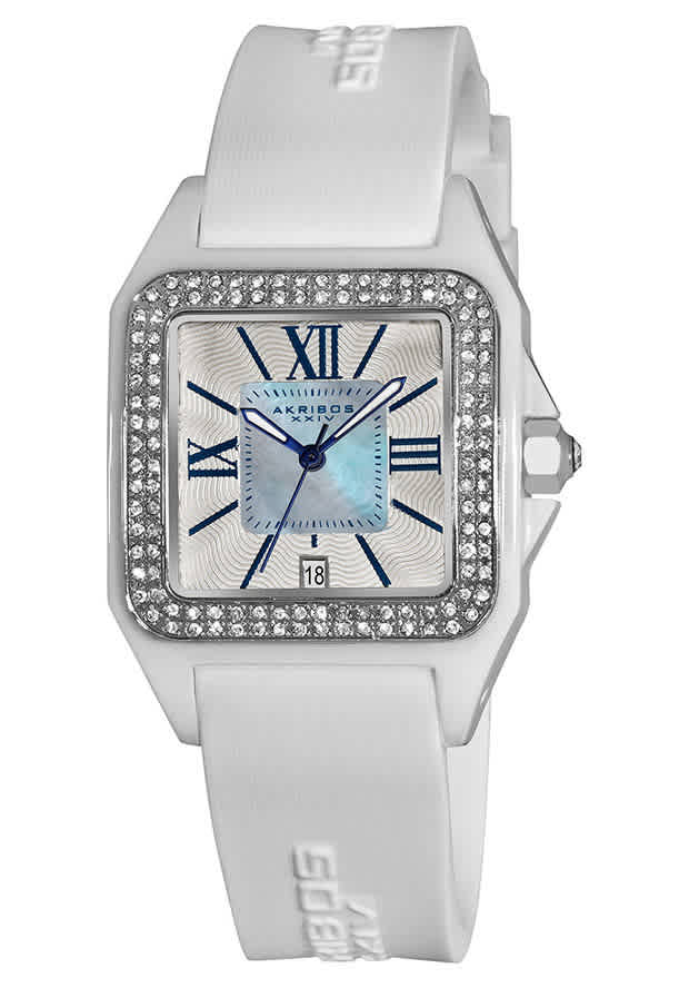 Akribos Xxiv Akribos Mother Of Pearl Dial White Ceramic Ladies Watch Ak546wt In Blue,mother Of Pearl,silver Tone,white