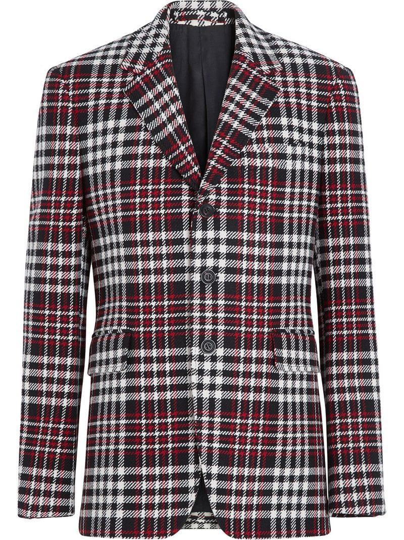 Burberry Mens Red Slim Fit Checked Blazer, Brand Size 46s