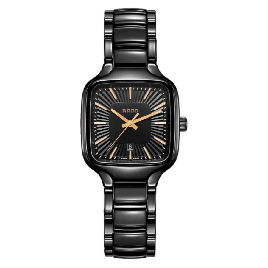 Rado Women's Swiss True Square Black High-tech Ceramic Bracelet Watch 29mm In Black / Gold Tone