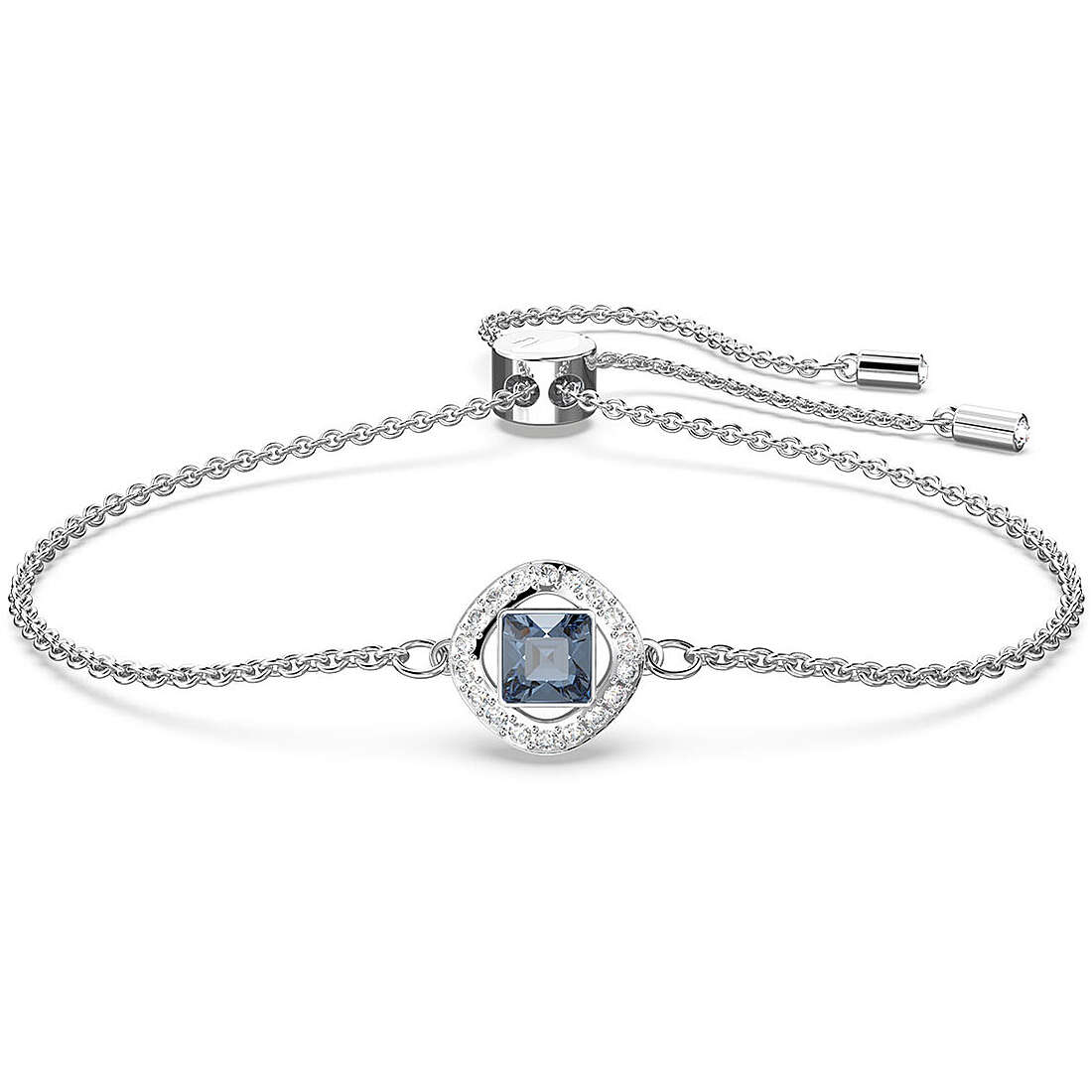 Swarovski Angelic Square Crystal Halo Slider Bracelet In Rhodium Plated In Blue