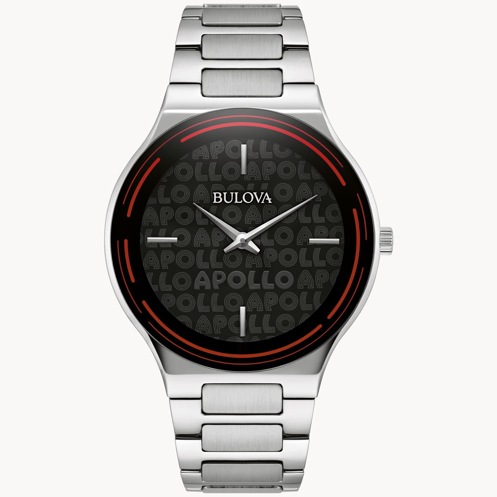 Bulova Apollo Special Edition Mens Silver Tone Stainless Steel Bracelet Watch 96a296 In Black