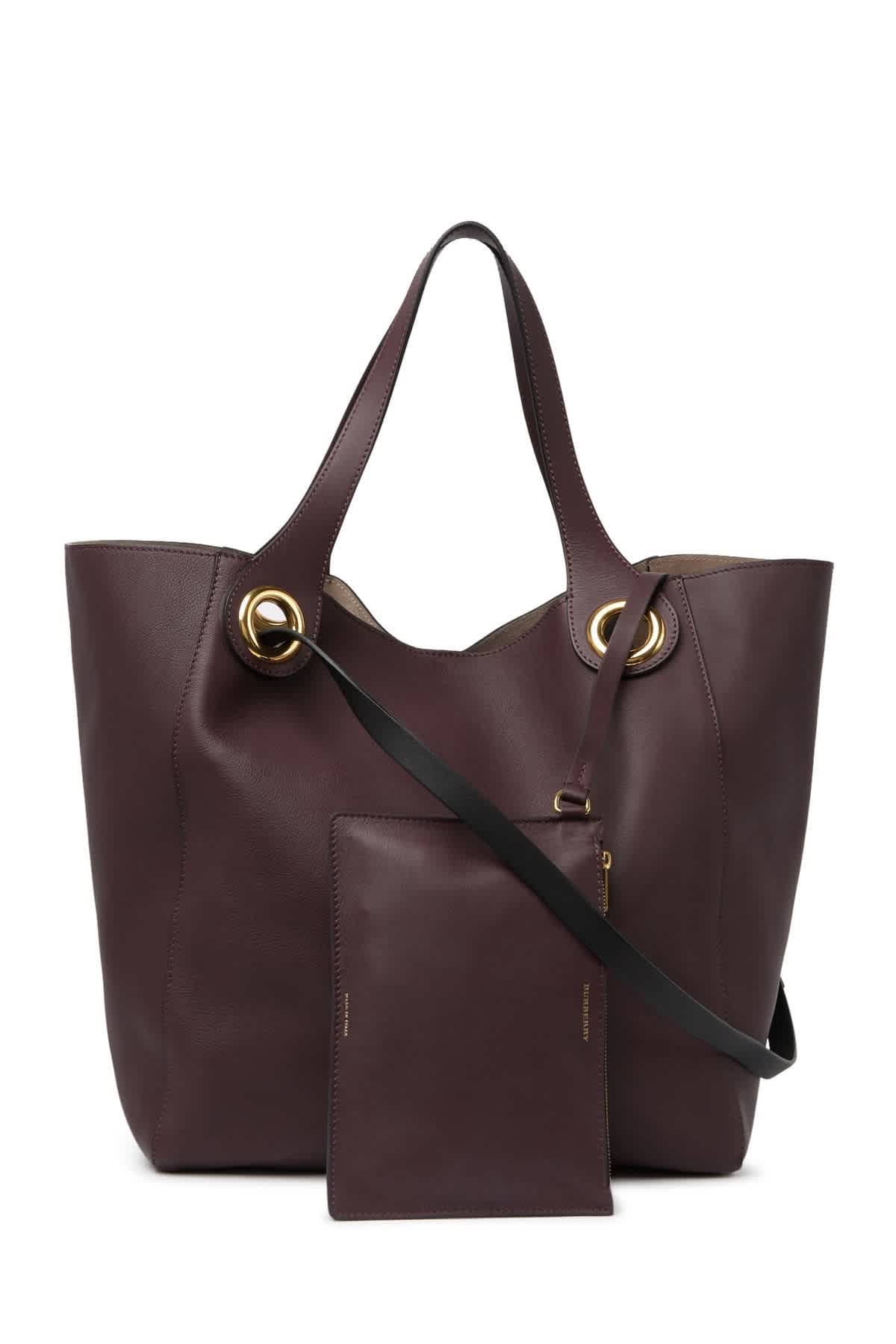 Burberry Deep Claret Large Grommet Leather Tote In Gold Tone