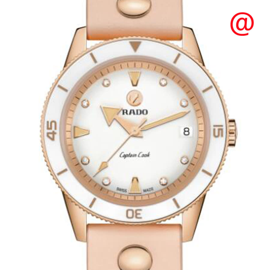 Rado Women's Swiss Automatic Captain Cook Diamond (1/20 Ct. T.w.) Pink Leather Wrap Strap Watch 37mm In Beige / Gold Tone / Rose / Rose Gold Tone / White