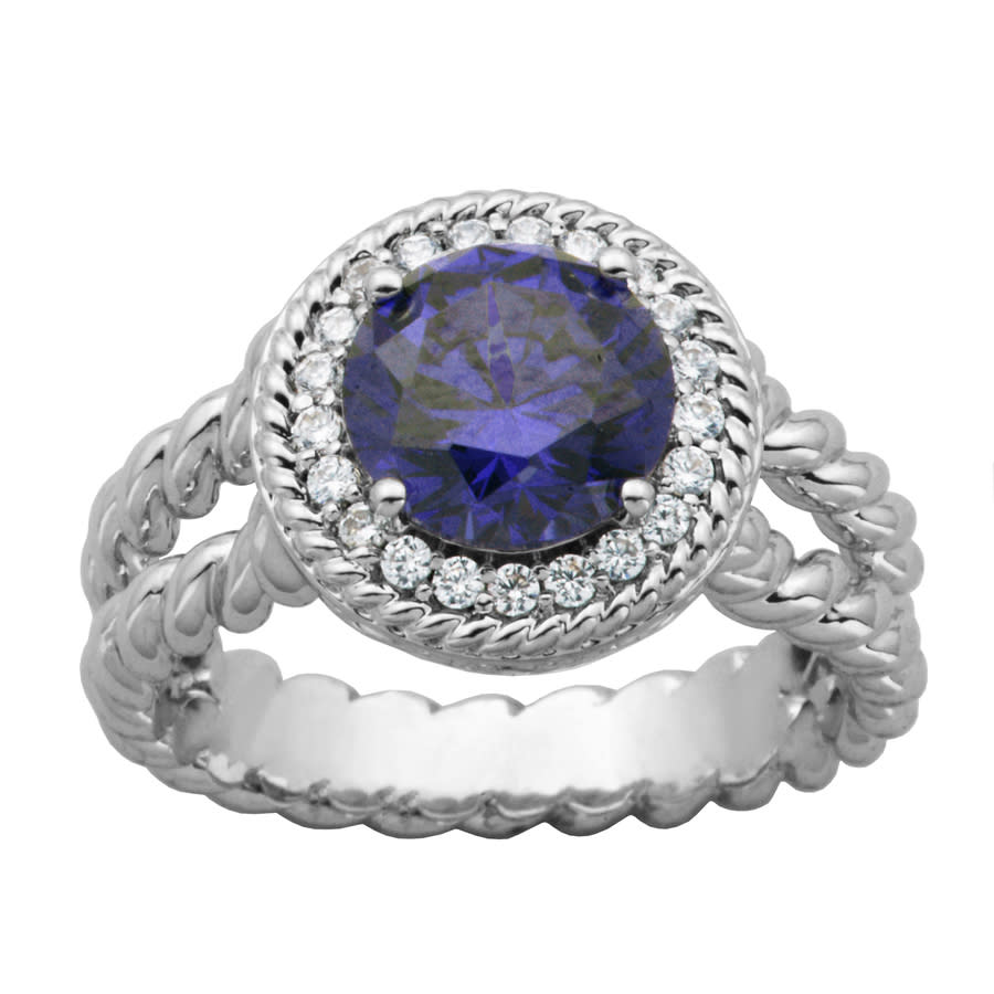 925 Couture Sterling Silver Tanzanite Cz Halo Double Rope Ring In Silver Tone,white