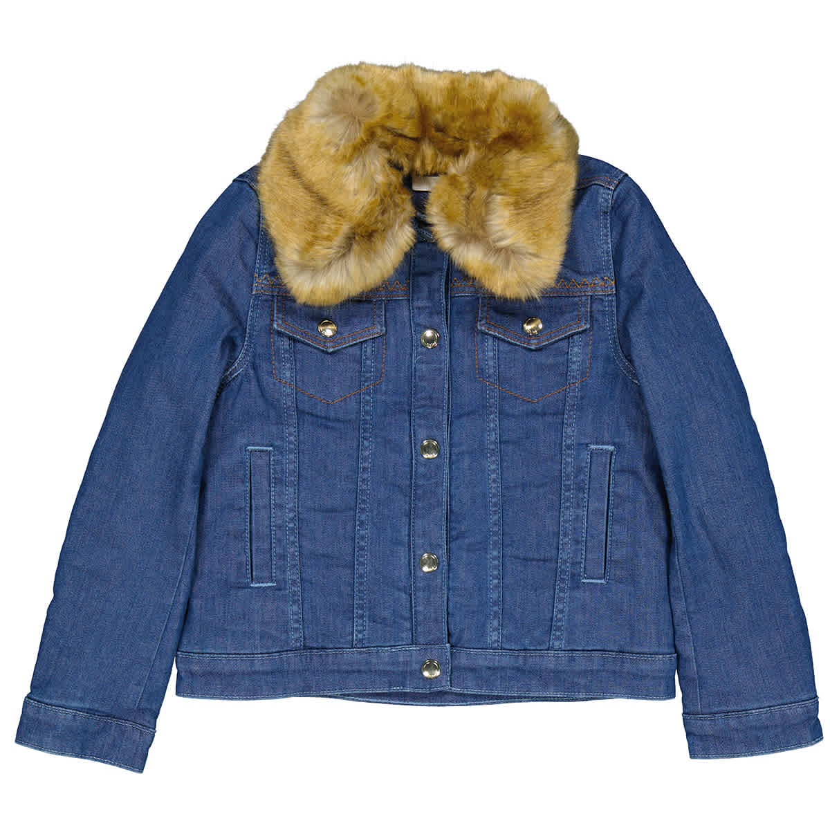 Shop Chloé Chloe Kids Faux Fur Collar Denim Jacket In Denim Blue