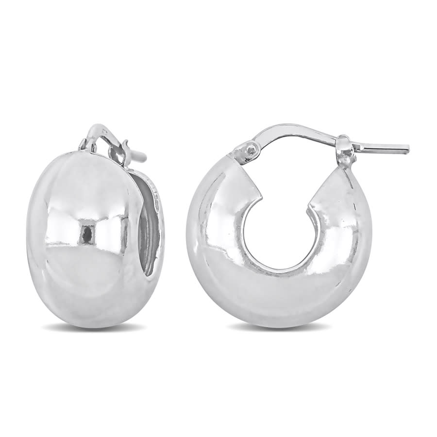 Amour 18mm Wide Huggie Polished Earrings In Sterling Silver In White