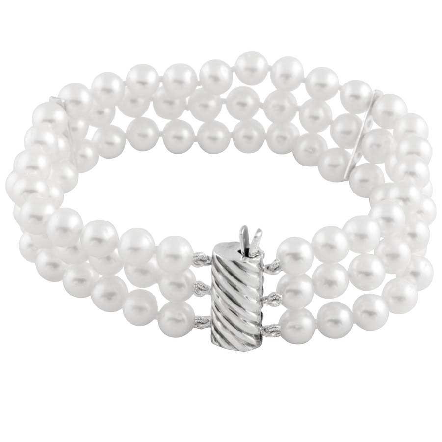 Bella Pearl Triple Row Sterling Silver Bracelet In Silver Tone,white