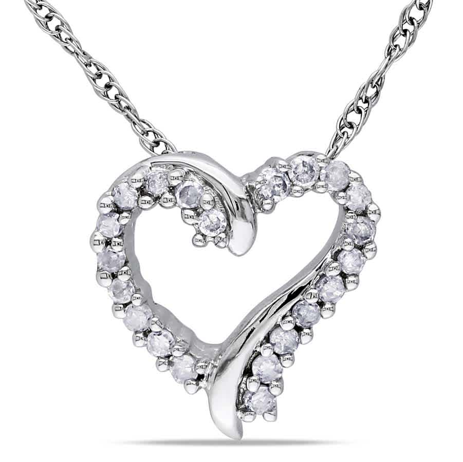 Amour 1/10 Ct Tw Diamond Heart Pendant With Chain In 10k White Gold In Gold / Spring / White