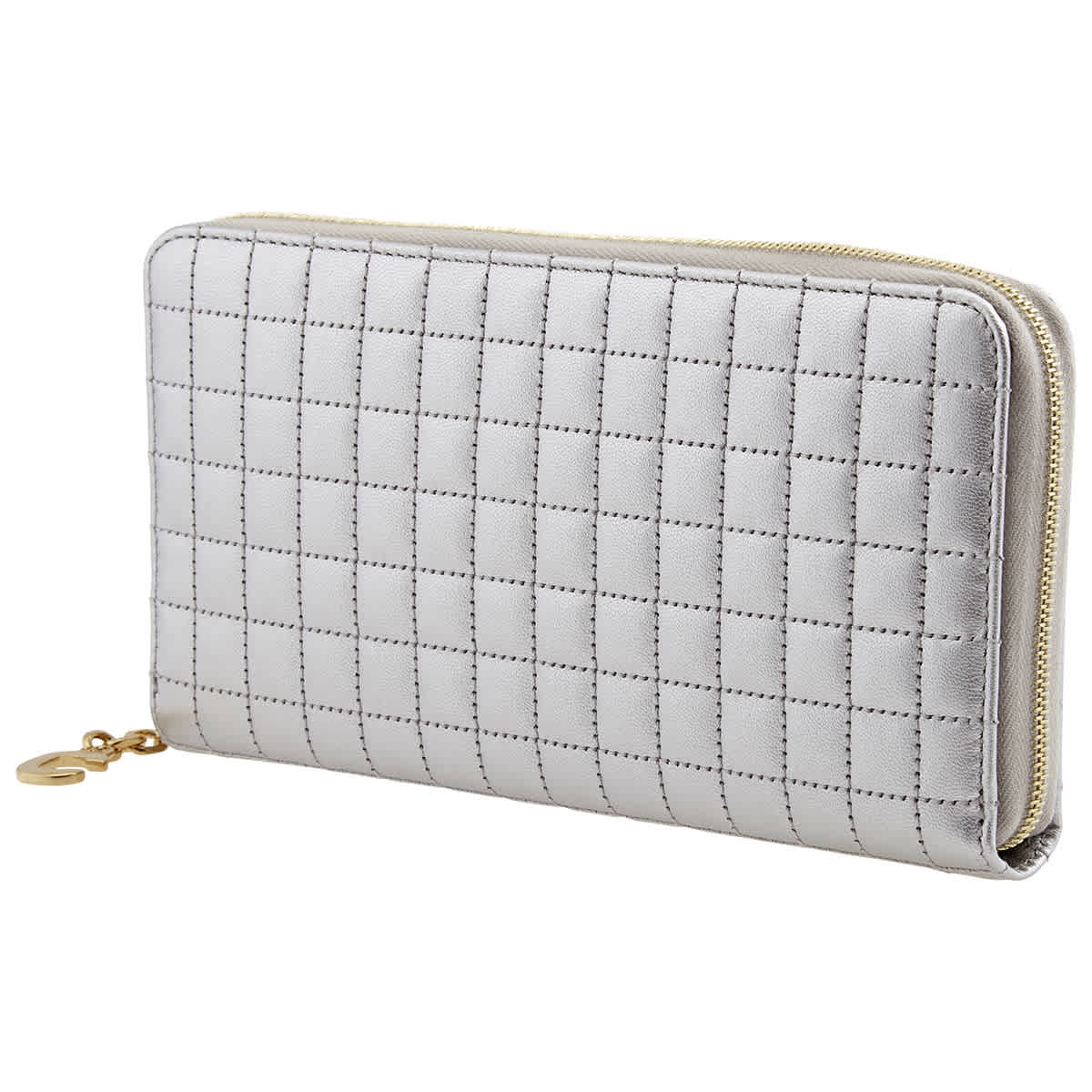 Celine Large Zipped Quilted Calfskin Wallet- Silver In Silver Tone