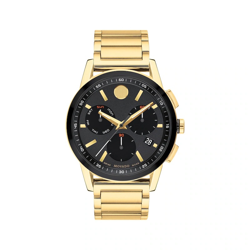 Movado Men's Museum Sport Swiss Quartz Chronograph Gold-tone Pvd Watch 43mm In Black / Gold Tone / Yellow