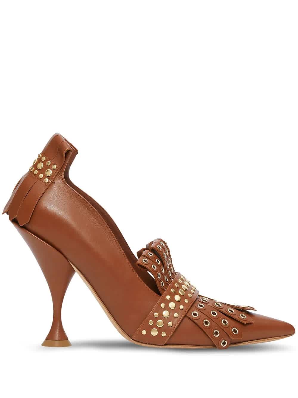 BURBERRY BURBERRY BROWN STUDDED KILTIE FRINGE LEATHER POINT TOE PUMPS