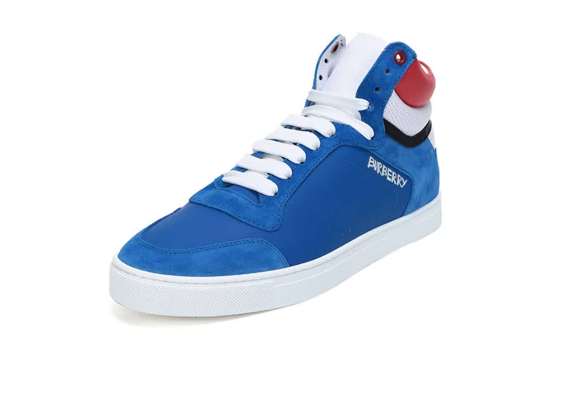 Click to view more detailed imagery on our partner's website Burberry Mens Leather High-top Sneakers In Bright Sky Blue In Blue,red