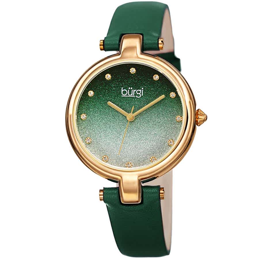 Burgi Green Ombre Swarovski Crystal Dial Green Leather Ladies Watch In Gold Tone / Green / Rose / Rose Gold Tone