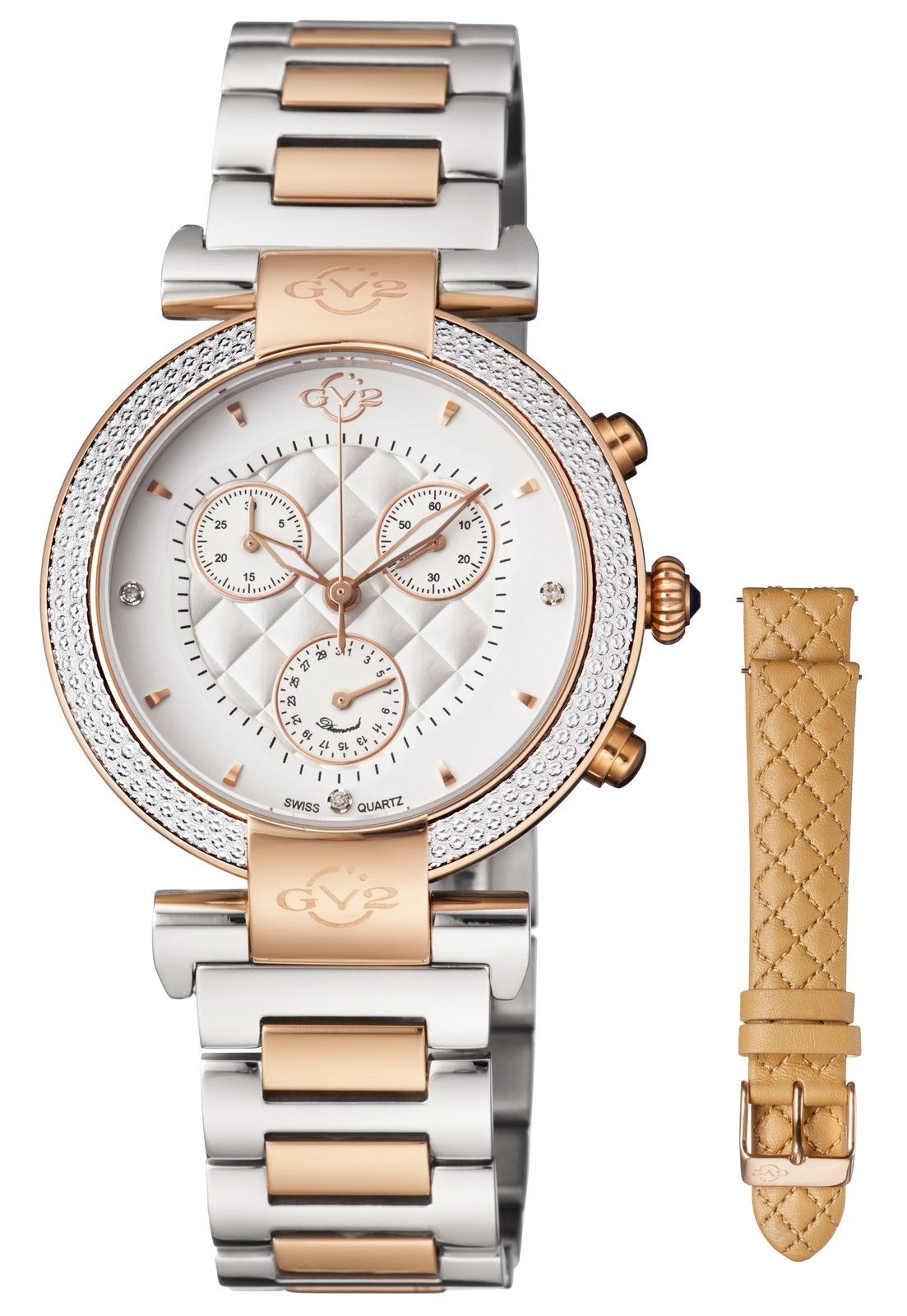 Gv2 By Gevril Berletta White Dial Chronograph Diamond Ladies Watch 1553 In Gold Tone,silver Tone,two Tone,white