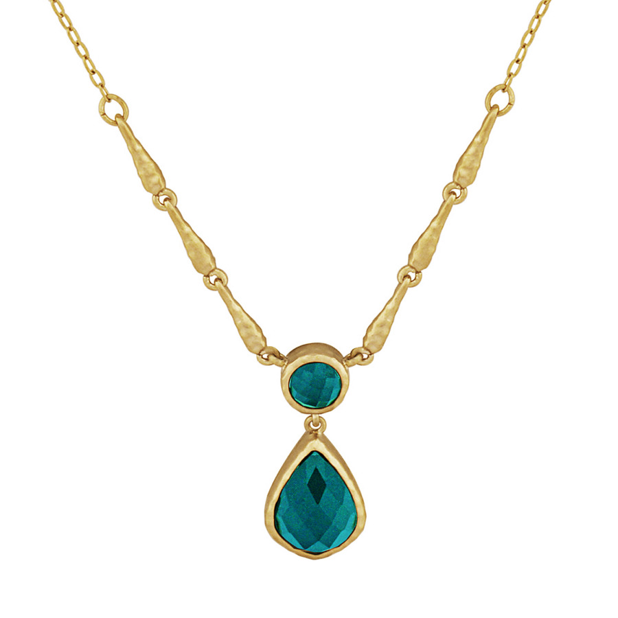ENVIE 18K YELLOW GOLD OVER BRONZE GREEN AGATE DOUBLET HAMMERED TEXTURE NECKLACE
